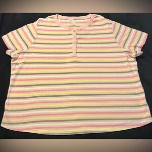 EUC Basic Editions Striped Pink Yellow T-shirt Button front Women’s 2XL
